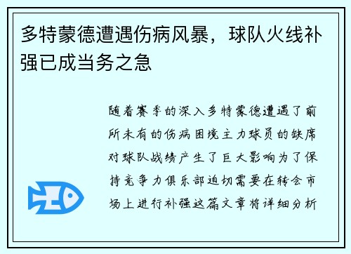 多特蒙德遭遇伤病风暴，球队火线补强已成当务之急